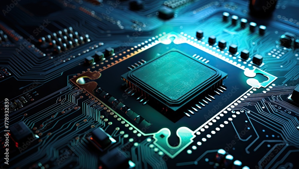 Close-up of electronic circuit board with microchip. Technology concept
