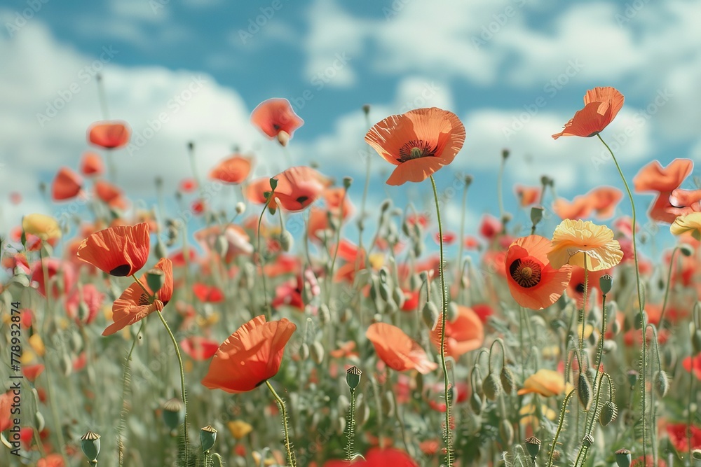 Obraz premium A field full of poppies under sunny blue sky. AI generative