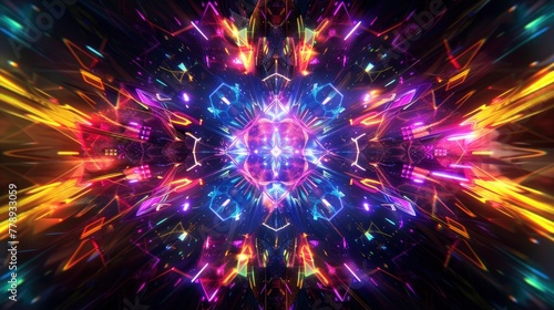 A symmetrical and vibrant holographic pattern with neon colors, featuring an isometric icon in the center surrounded by swirling lines of light on black background