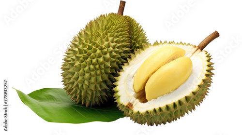 Fresh raw organic durian on white isolated on clear png background and transparent background. fresh and organic concept for health, AI generative.	
