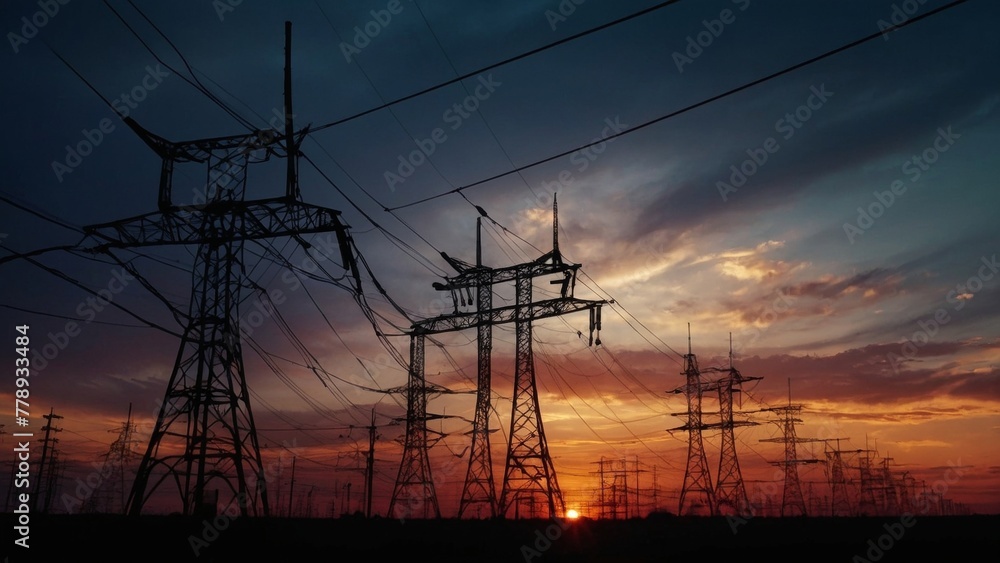 silhouette of electricity pylons for power transmission. Alternative energy concept