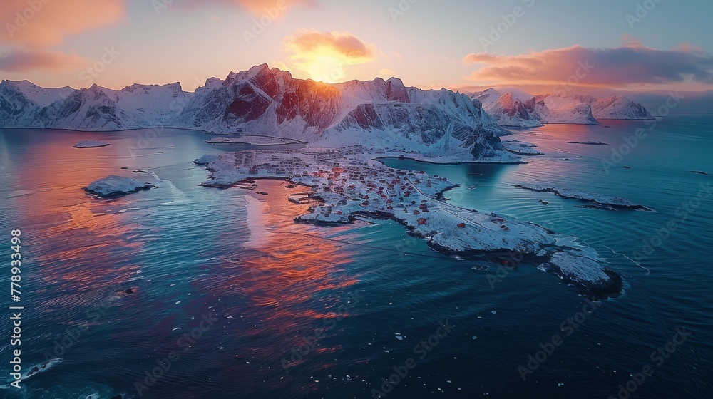 A bird's eye perspective over an isolated island surrounded by water and showcasing mountains in the distance A bird's eye perspective over an isolated island surrounded by water and showcasing mountains in the distance