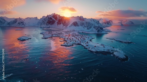  A bird's eye perspective over an isolated island surrounded by water and showcasing mountains in the distance