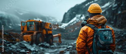 Engineer, mechanic, foreman, operator working in industry, construction, civil, mine., worker in yellow helmet on construction site