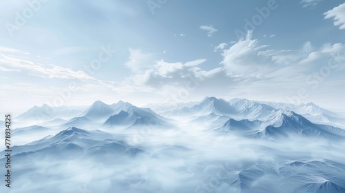 A 3D rendering of a simple landscape with mountains and clouds. Fantasy wallpaper. © Mark