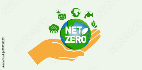 Net zero and carbon neutral concept Net zero greenhouse gas emissions target Hand holding a globe with a green health center icon on a gray background. Vector illustration