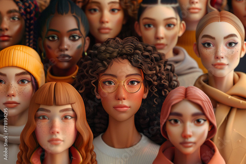 illustration of Girl Power. Multi-ethnic group of beautiful women, 3D render, 3DCG, super detailed