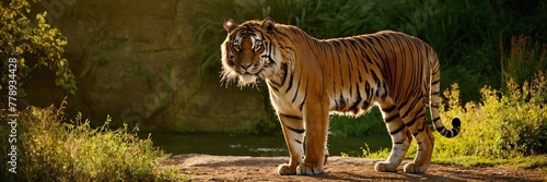 Close-up of a Sumatran tiger in a jungle.with Generative AI technology  