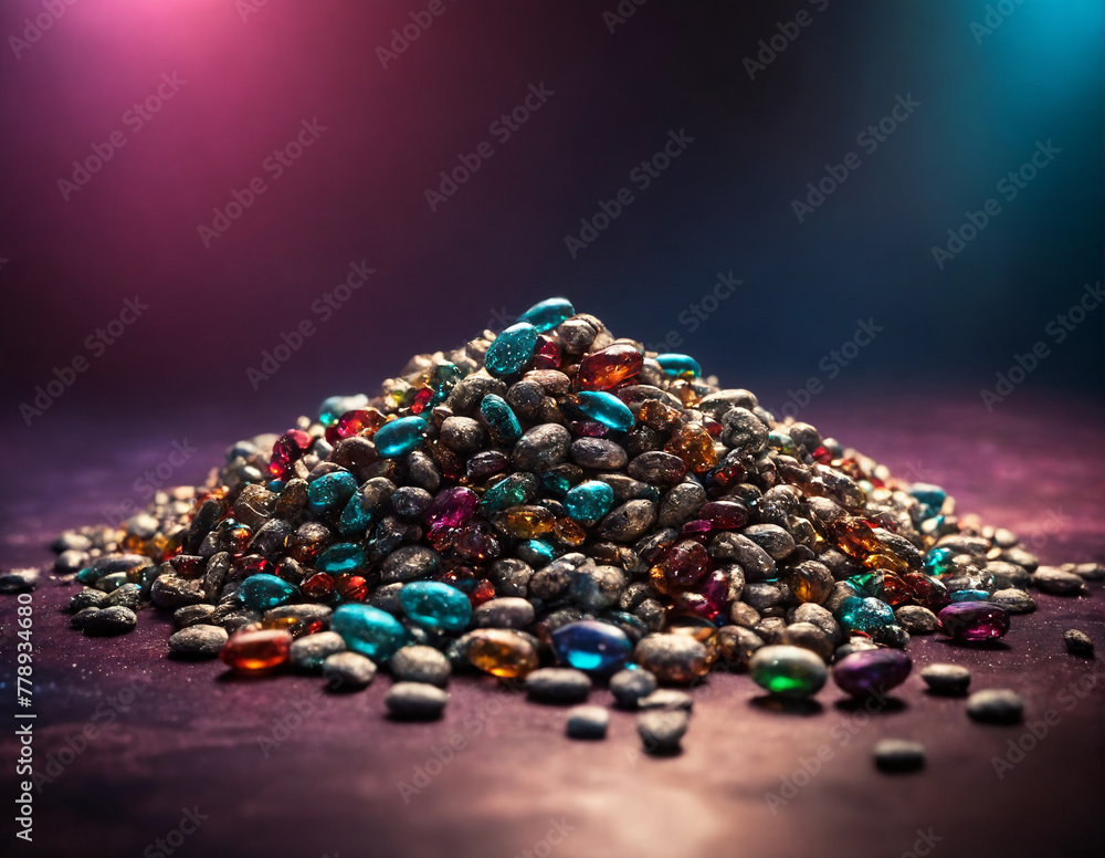 Variegated small stones in bright colours are neatly stacked on the surface, creating a colourful and textured display. The stones vary in size, shape and colour, adding a lively touch to the surface. - obrazy, fototapety, plakaty 