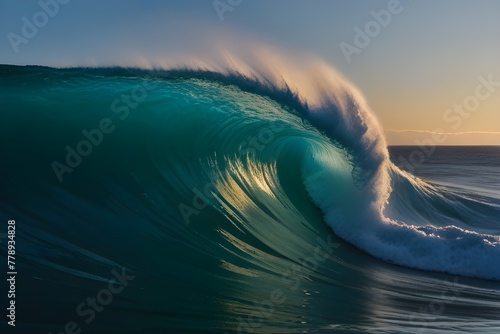 The powerful force of enormous tsunami waves crashing in the water is breathtaking. Golden Hour Majestic Waves Crashing Against the Shoreline at Sunset with a Vibrant Sky Background

 photo