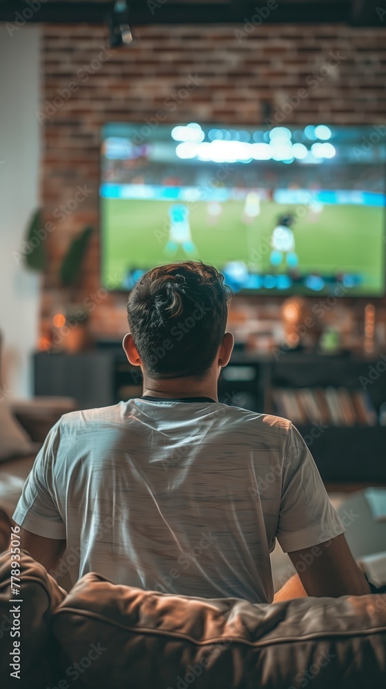 Enthusiastic Fan Watching Live Soccer Match on TV