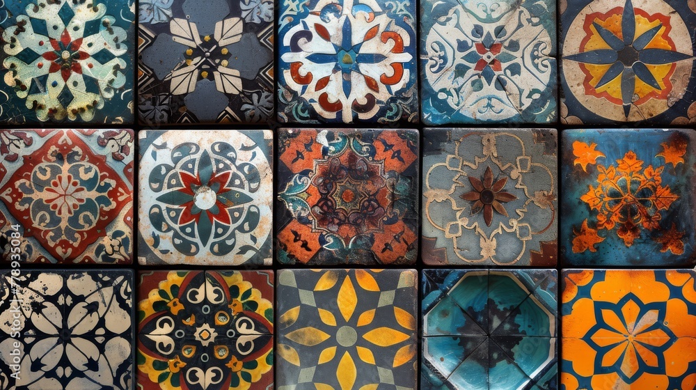A macro shot of an array of colorful and patterned tile pieces, enclosed by a dark frame A macro shot of an array of colorful and patterned tile pieces, enclosed by a dark frame