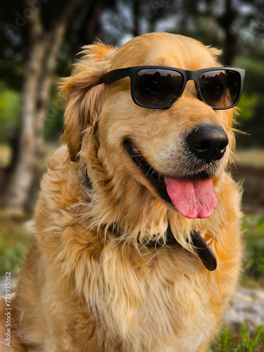 Golden Retriever Dog wearing sunglasses in a nature setting 