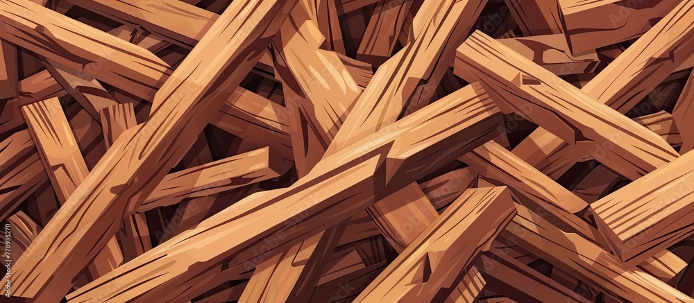 A collection of hardwood planks arranged in a triangle pattern, creating an artistic event of wood stacking. The lumber is waiting to be stained and transformed into a unique piece of art A collection of hardwood planks arranged in a triangle pattern, creating an artistic event of wood stacking. The lumber is waiting to be stained and transformed into a unique piece of art
