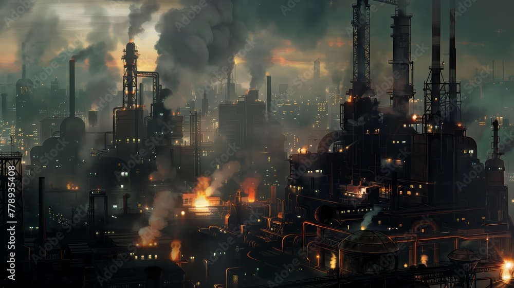 Dusk View of Smoke and Steam from Industrial Complex Dusk View of Smoke and Steam from Industrial Complex