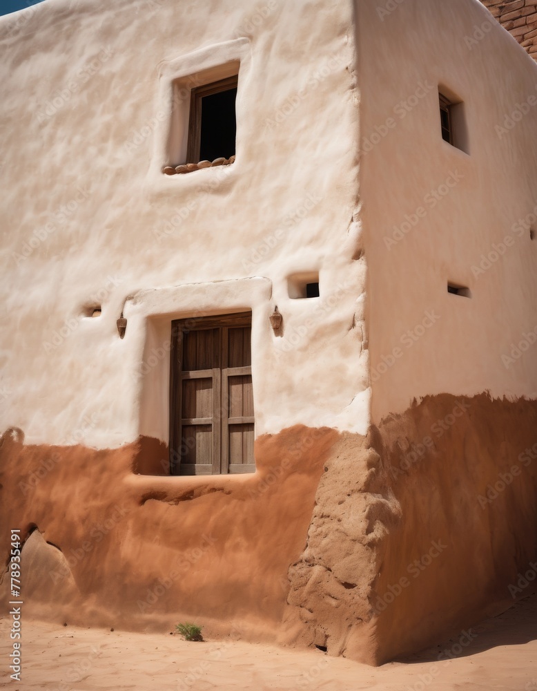 Sunlight casts soft shadows on the rustic adobe walls and wooden door of this traditional Pueblo-style building