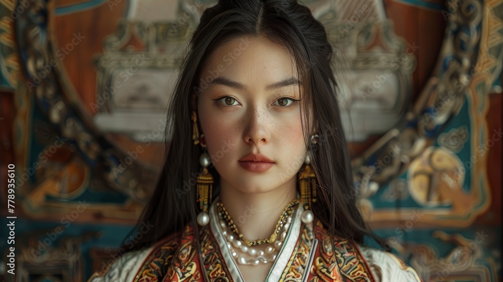 Beautiful Mongolian woman with long black hair, wearing a traditional white and red silk dress with gold patterns on the collar line and sleeves of her attire