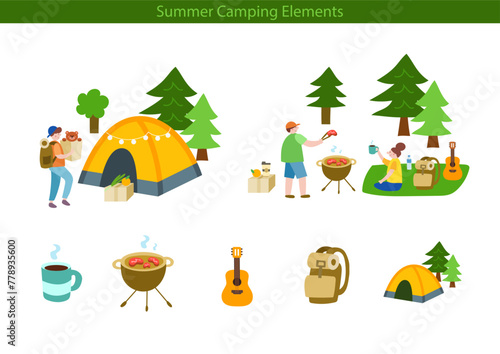 Camping illustration and outdoor elements.