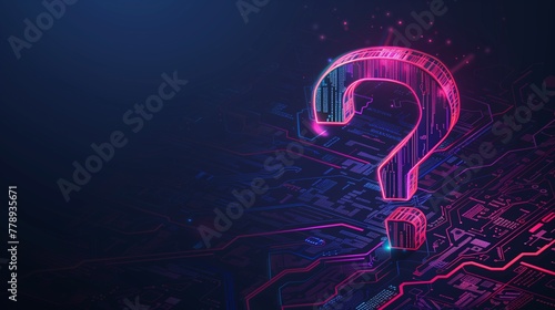 An abstract pink and blue neon banner with a question mark. Technology, science concept. Horizontal image with copy space.