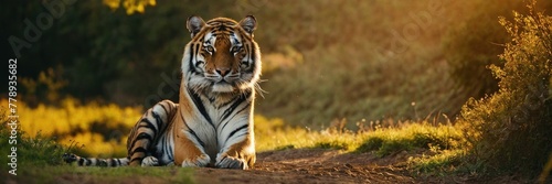 Close-up of a Sumatran tiger in a jungle.with Generative AI technology photo
