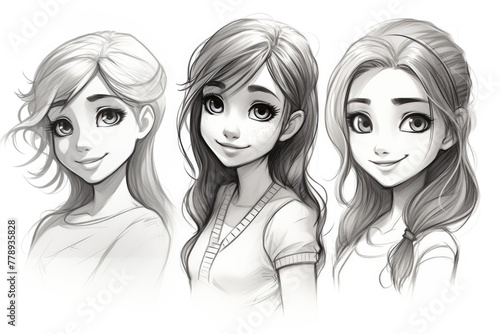 quick pencil sketch drawing,girls character design,cartoon photo