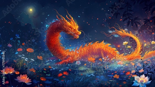 Chinese dragon, vector illustration style, dark orange and blue colors, digital art technology, mysterious background, full body portrait, high resolution, glowing moonlight