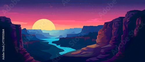 The Grand Canyon in the late evening at sunset. Illustration with the mountains landscape.