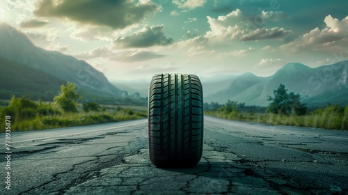 Car Tire on Cracked Road in Mountainous Sunset photo