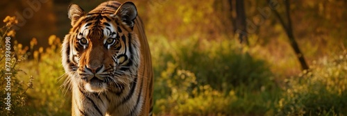 Close-up of a Sumatran tiger in a jungle.with Generative AI technology photo