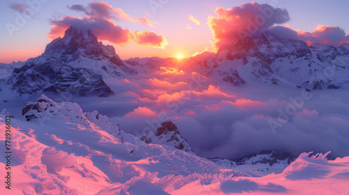   Sun sets on snow-capped mountain range with clouds in fg © Olga