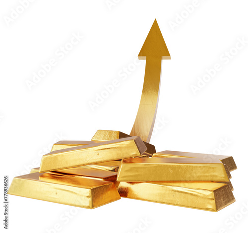 Prezzo dell'oro, lingotti e freccia che sale, su sfondo trasparente, illustrazione 3d © alexmat46