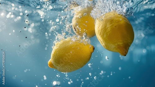 Falling lemons into water, lemon in the air and underwater, blue background, closeup, high resolution photography, high details, cinematic lighting, bright environment, high key light