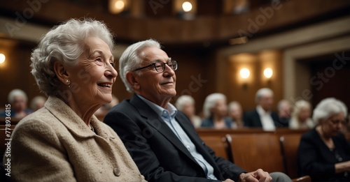 Elderly pair enjoys classical music performance in concert hall.