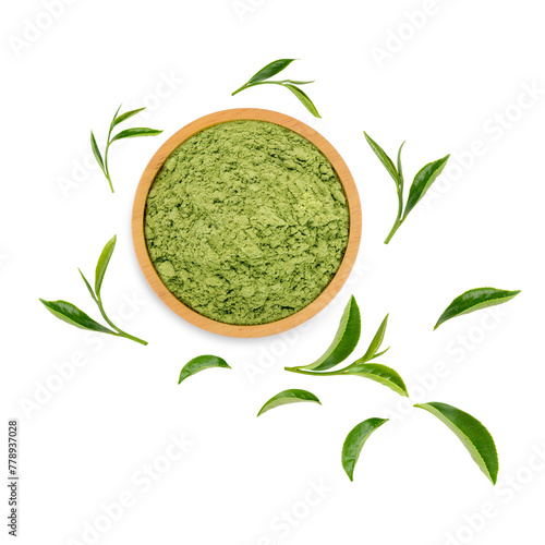 Green tea powder with leaves isolated on white background.  Top view
