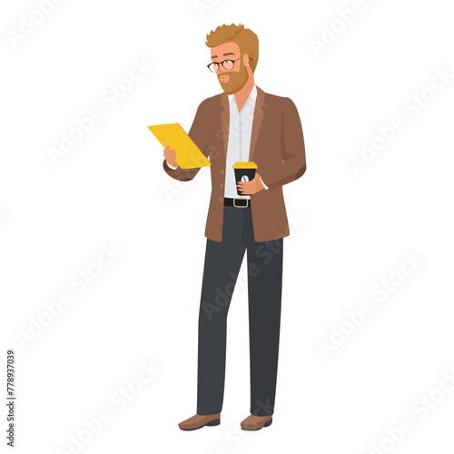 Man holding cup of coffee and clipboard to read document, teacher standing vector illustration