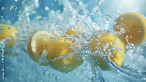 flying lemons in water, commercial photo background blue color