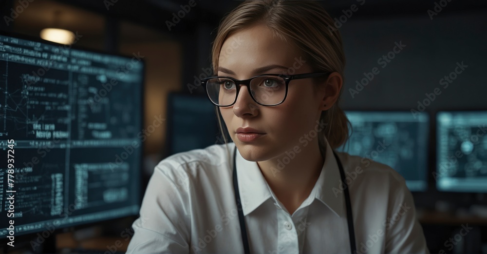 High-quality portrait captures female coder with glasses coding for network upkeep High-quality portrait captures female coder with glasses coding for network upkeep