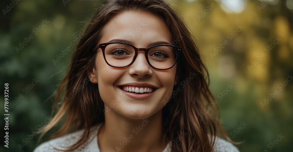 High-quality portrait of a happy woman with glasses enjoying the outdoors High-quality portrait of a happy woman with glasses enjoying the outdoors