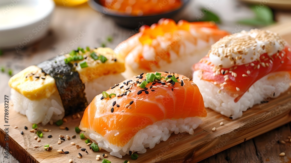 Assorted Fresh Sushi on a Wooden Board for Culinary Delights. Delicious Japanese Food. Great for Restaurant Menus or Food Blogs. AI Assorted Fresh Sushi on a Wooden Board for Culinary Delights. Delicious Japanese Food. Great for Restaurant Menus or Food Blogs. AI