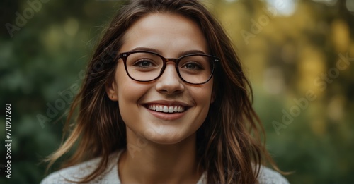 High-quality portrait of a happy woman with glasses enjoying the outdoors