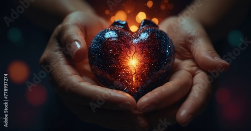 High-quality portrayal of glowing human heart held delicately in hands