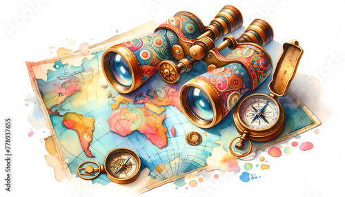 Whimsical Binoculars and Compass Watercolor: Artistic World Map Exploration Scene