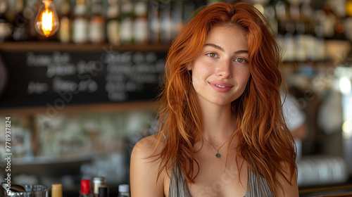 Portrait red haired young woman, 20 - 25 years old. Female barista or waiter, administrator or hostess of a restaurant small business looking at camera and standing at workplace. 