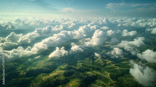   Photo taken from airplane looking down on cloudy valley with foreground valley