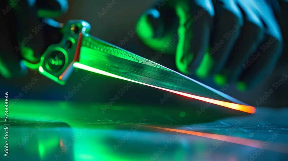 Close-up of a black gloved man's hand holding a knife that is illuminated and glowing Close-up of a black gloved man's hand holding a knife that is illuminated and glowing