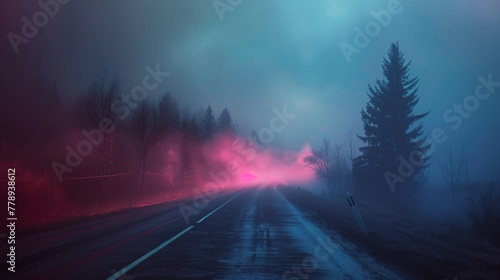 Foggy asphalt road in the forest at night