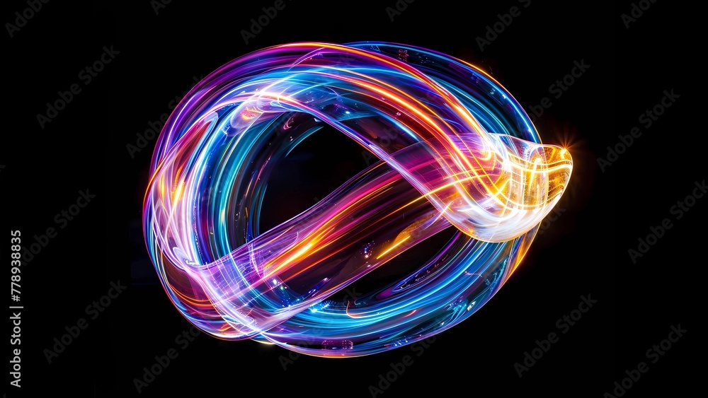 Abstract curved waves of colorful lights on a black background