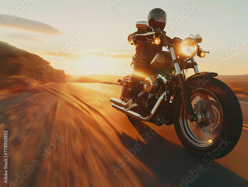 Motorcyclist in motion on open road at sunset  embodying freedom and adventure in travel