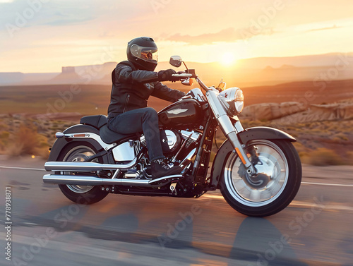 Motorcyclist in motion on open road at sunset  embodying freedom and adventure in travel