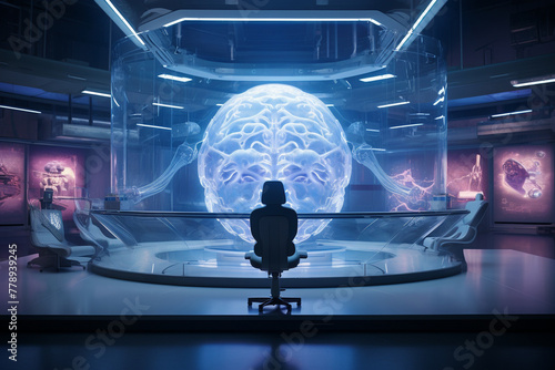 A man sits in front of a large brain model in a room with other models of the hu photo